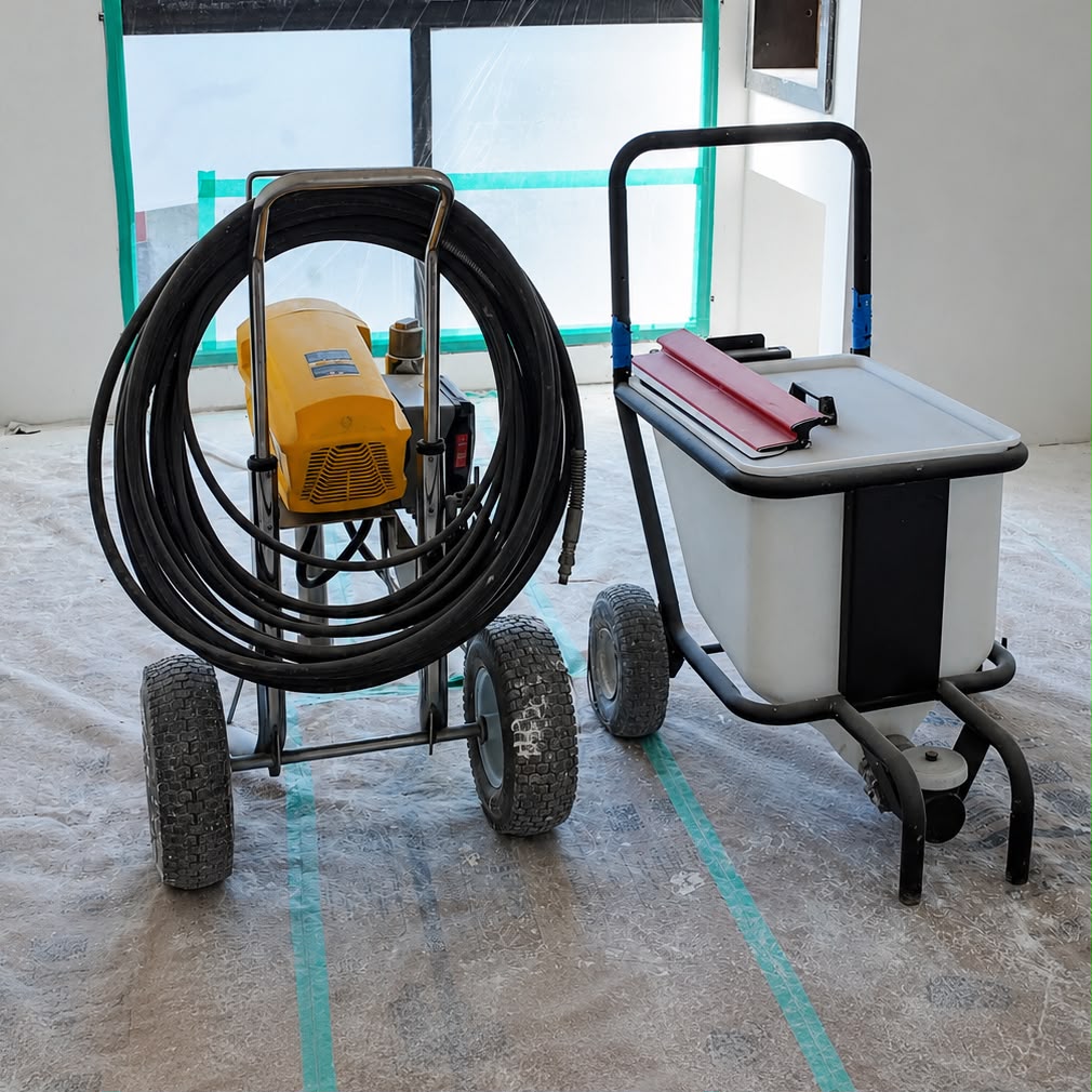 Equipamentos de pintura predial da Sérgio Soluções Prediais montados em obra protegida